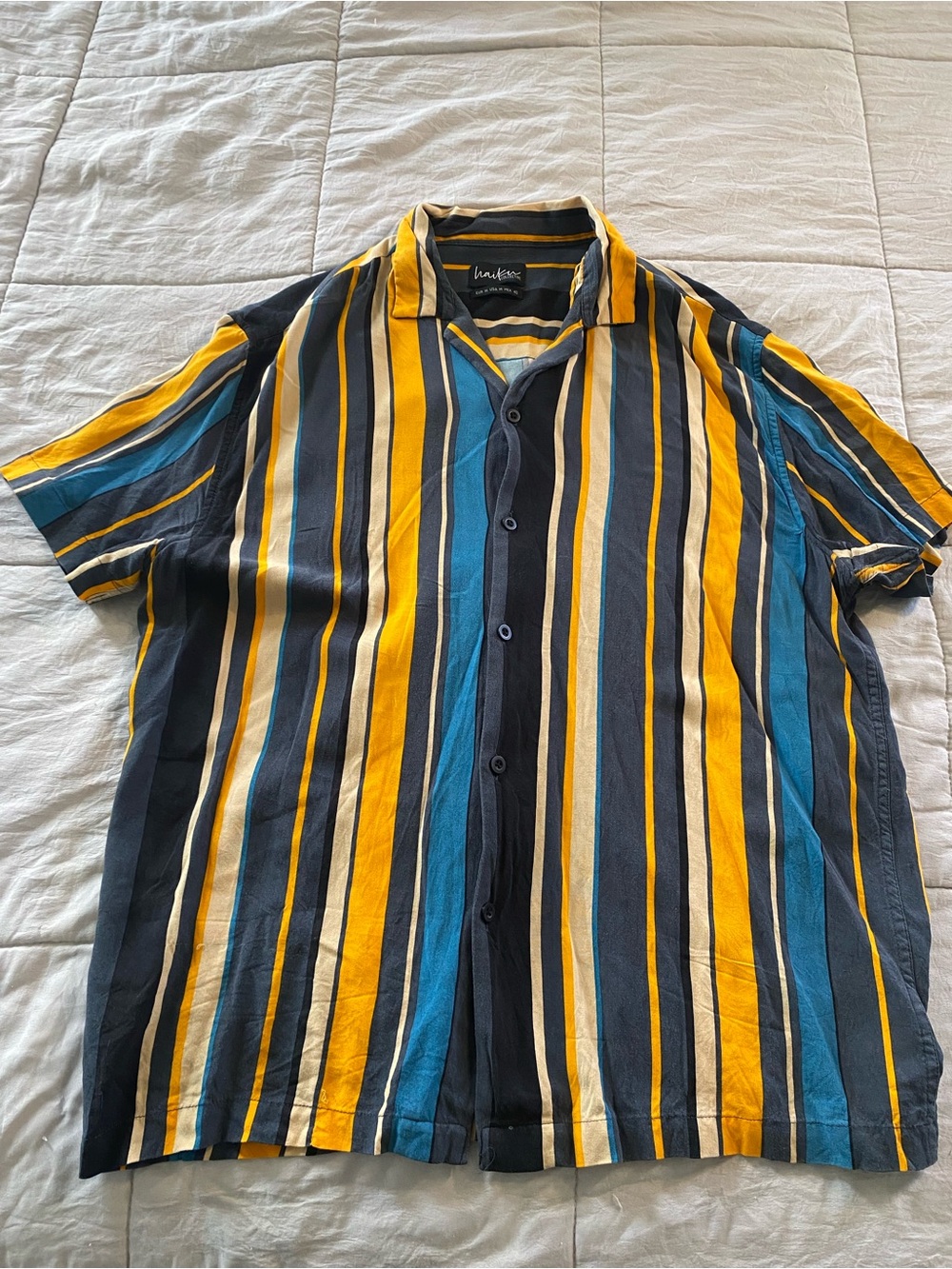 Haiku Men's Short Sleeve Button-Down Shirt in Yellow, Blue & Black Stripes